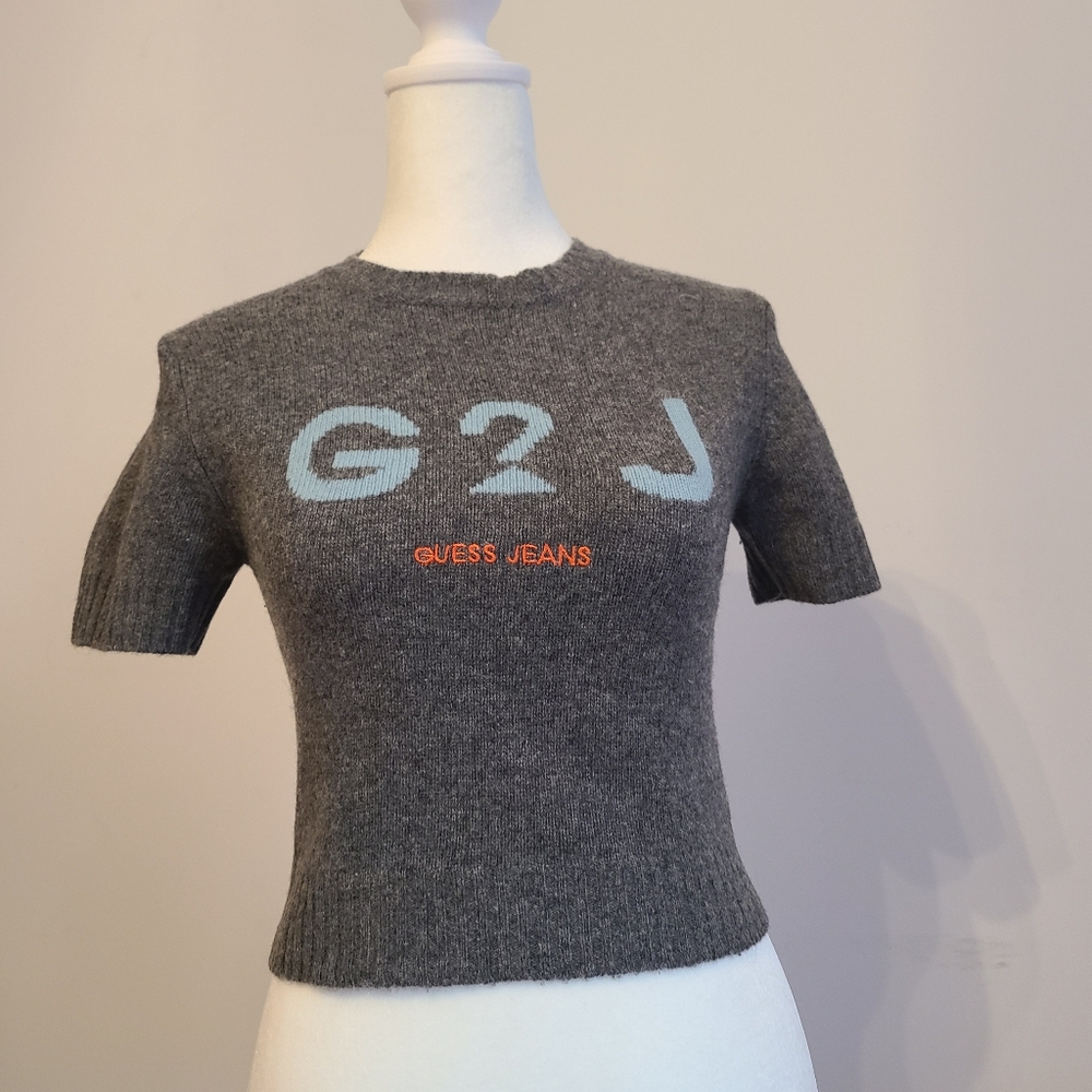 100% Lambswool Guess Gray and Light Blue Short Sleeve Top Y2K Size S
